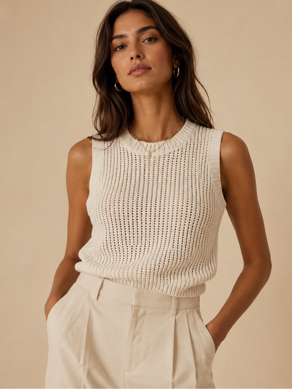 CeCe Open Knit Sleeveless Sweater Tank Top Cream Size Large